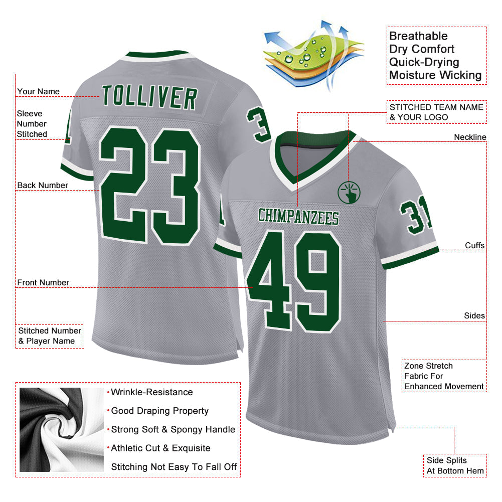 Custom Gray Green-White Mesh Authentic Throwback Football Jersey view 2
