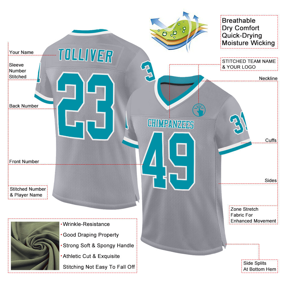 Custom Gray Teal-White Mesh Authentic Throwback Football Jersey view 2