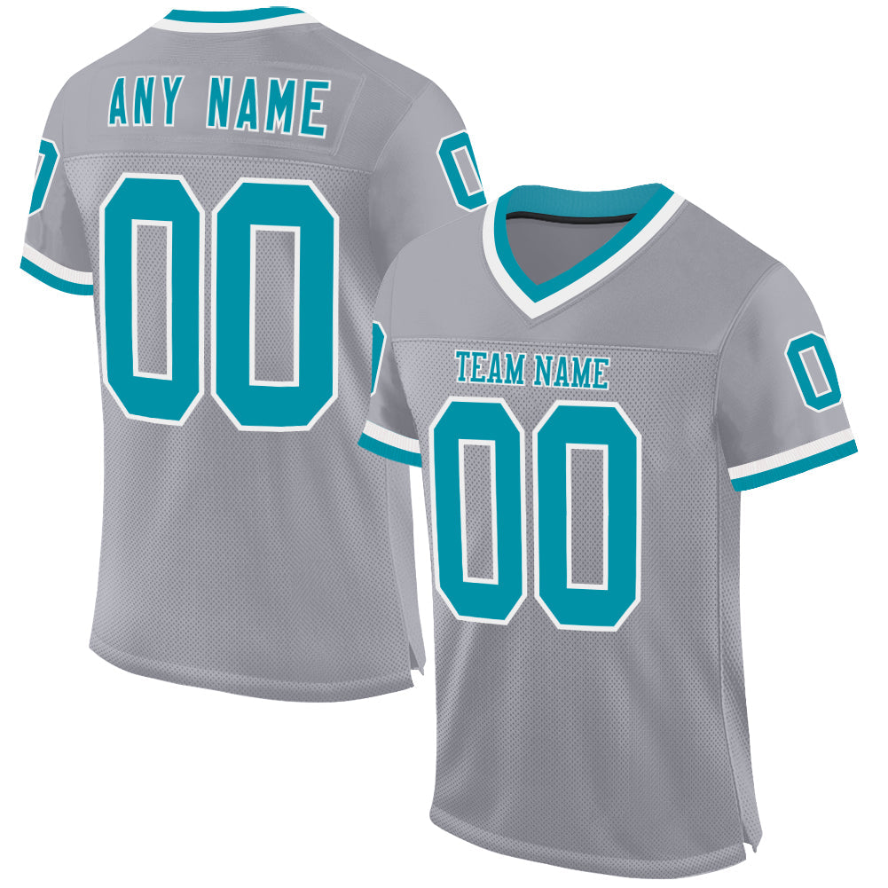 Custom Gray Teal-White Mesh Authentic Throwback Football Jersey - Main View