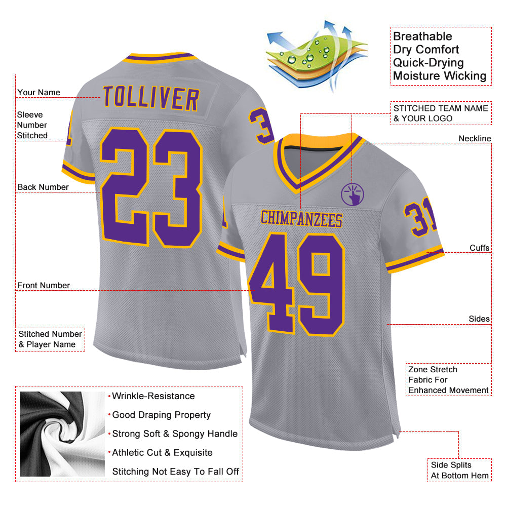 Custom Gray Purple-Gold Mesh Authentic Throwback Football Jersey view 2