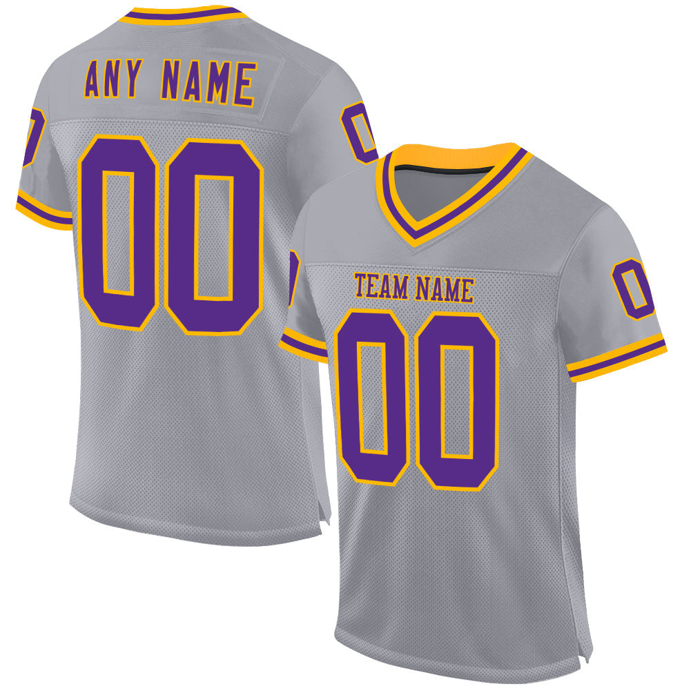 Custom Gray Purple-Gold Mesh Authentic Throwback Football Jersey - Main View