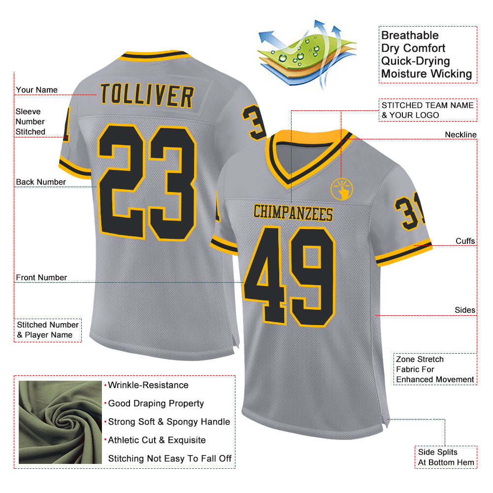 Custom Gray Black-Gold Mesh Authentic Throwback Football Jersey view 2