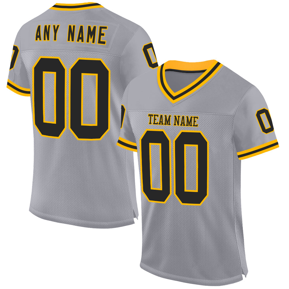 Custom Gray Black-Gold Mesh Authentic Throwback Football Jersey - Main View
