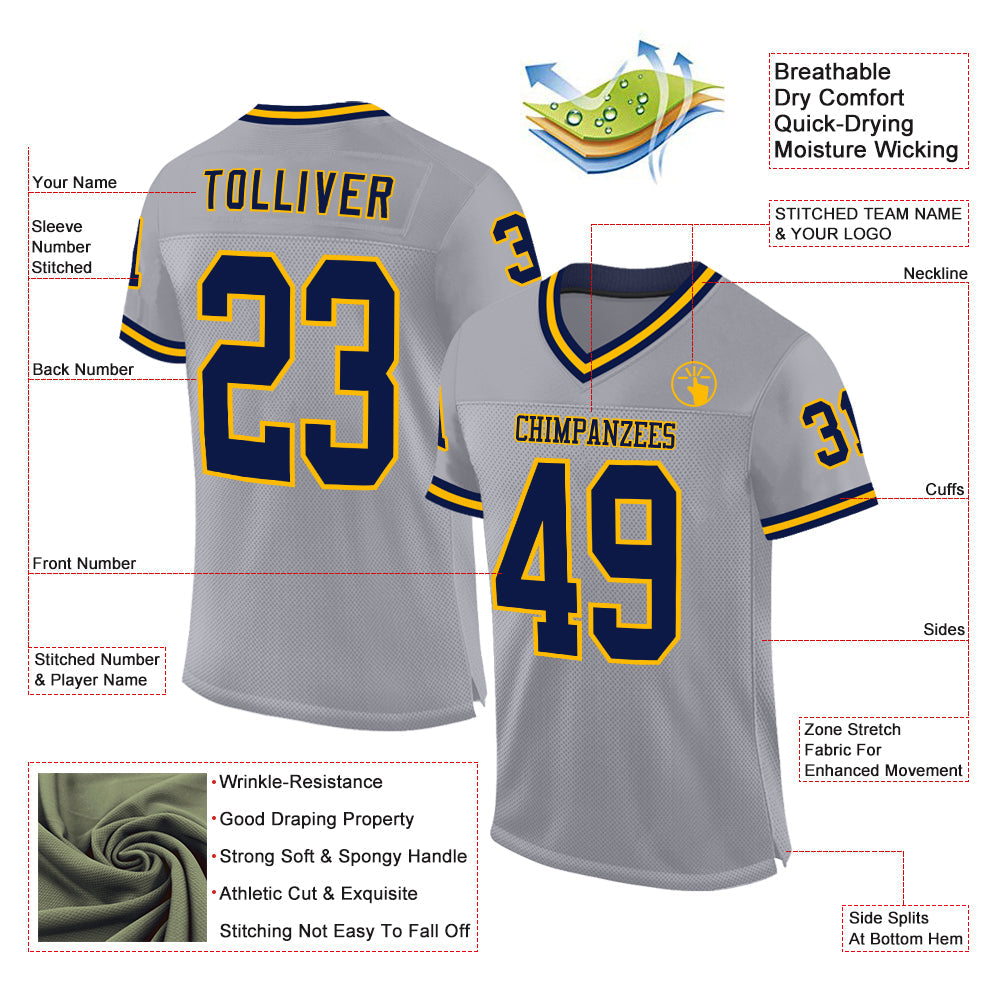 Custom Gray Navy-Gold Mesh Authentic Throwback Football Jersey view 2