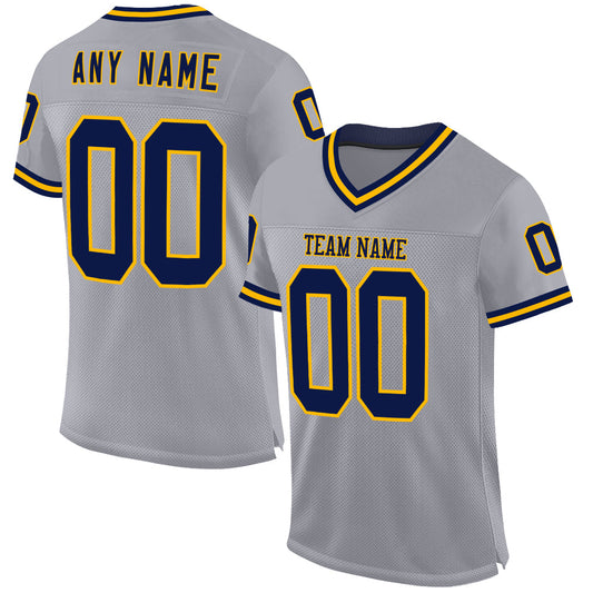 Custom Gray Navy-Gold Mesh Authentic Throwback Football Jersey - Main View