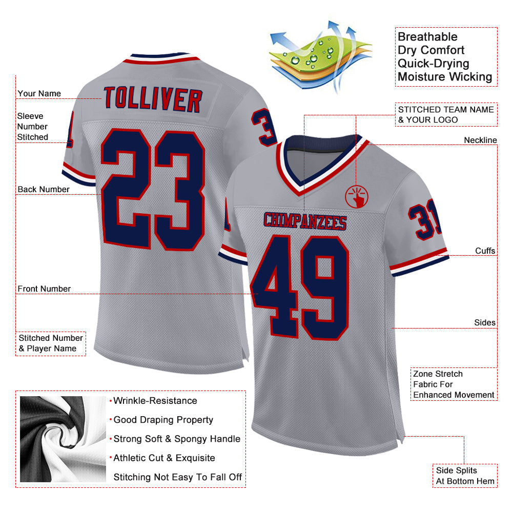 Custom Gray Navy Red-White Mesh Authentic Throwback Football Jersey view 2