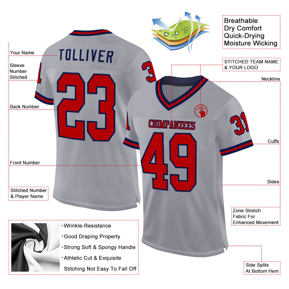 Custom Gray Red-Navy Mesh Authentic Throwback Football Jersey view 2