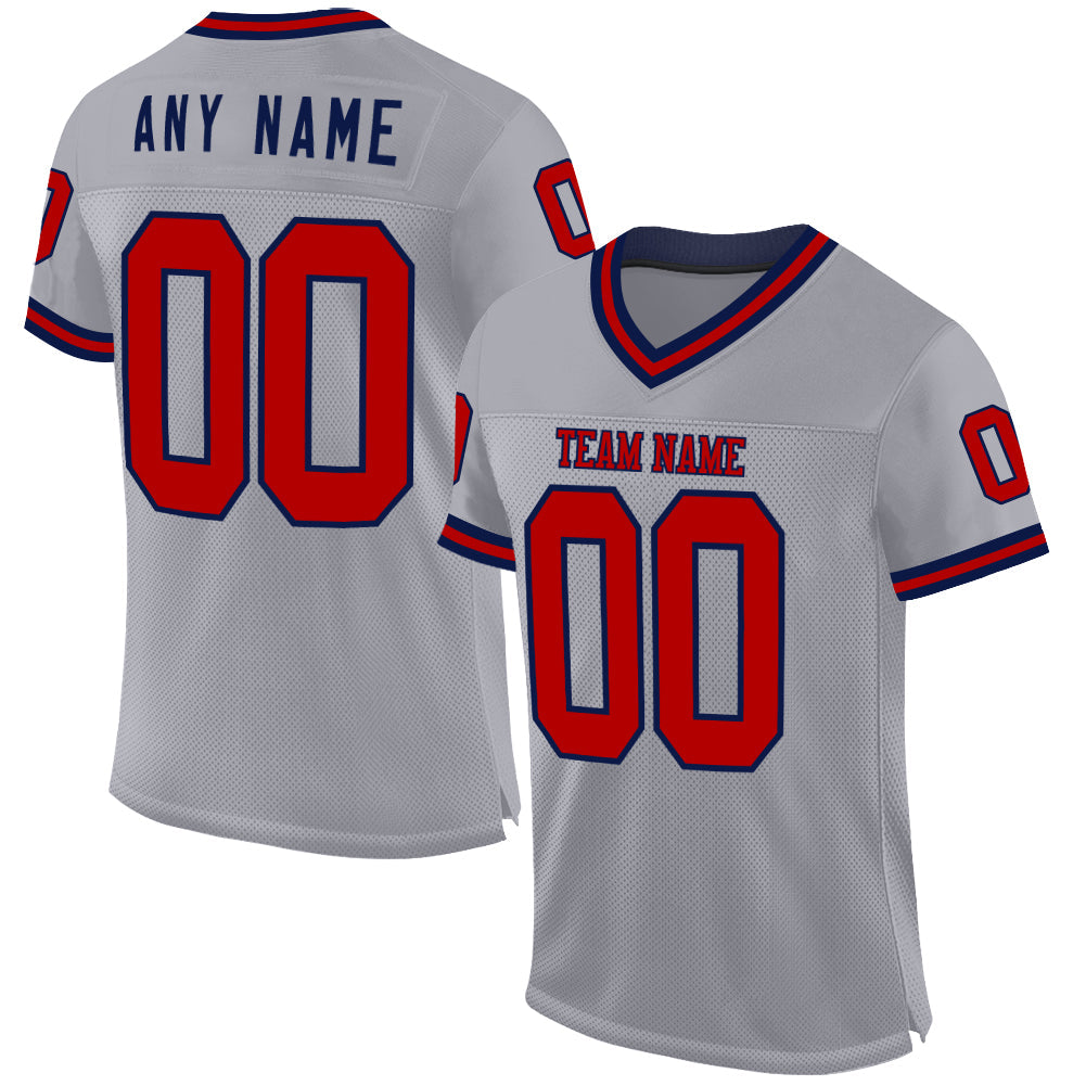 Custom Gray Red-Navy Mesh Authentic Throwback Football Jersey - Main View