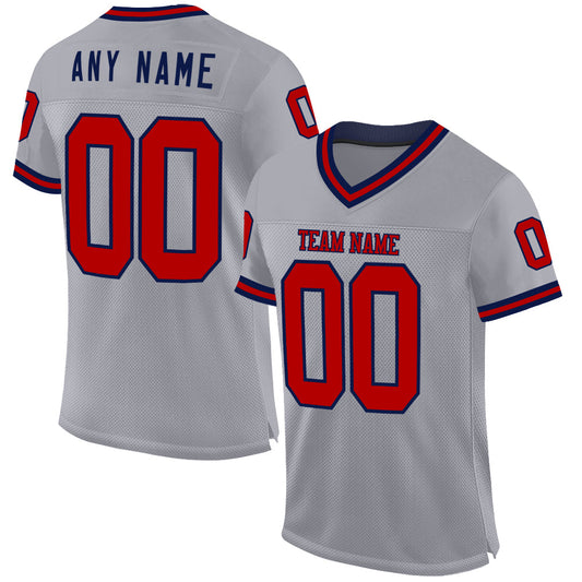 Custom Gray Red-Navy Mesh Authentic Throwback Football Jersey - Main View