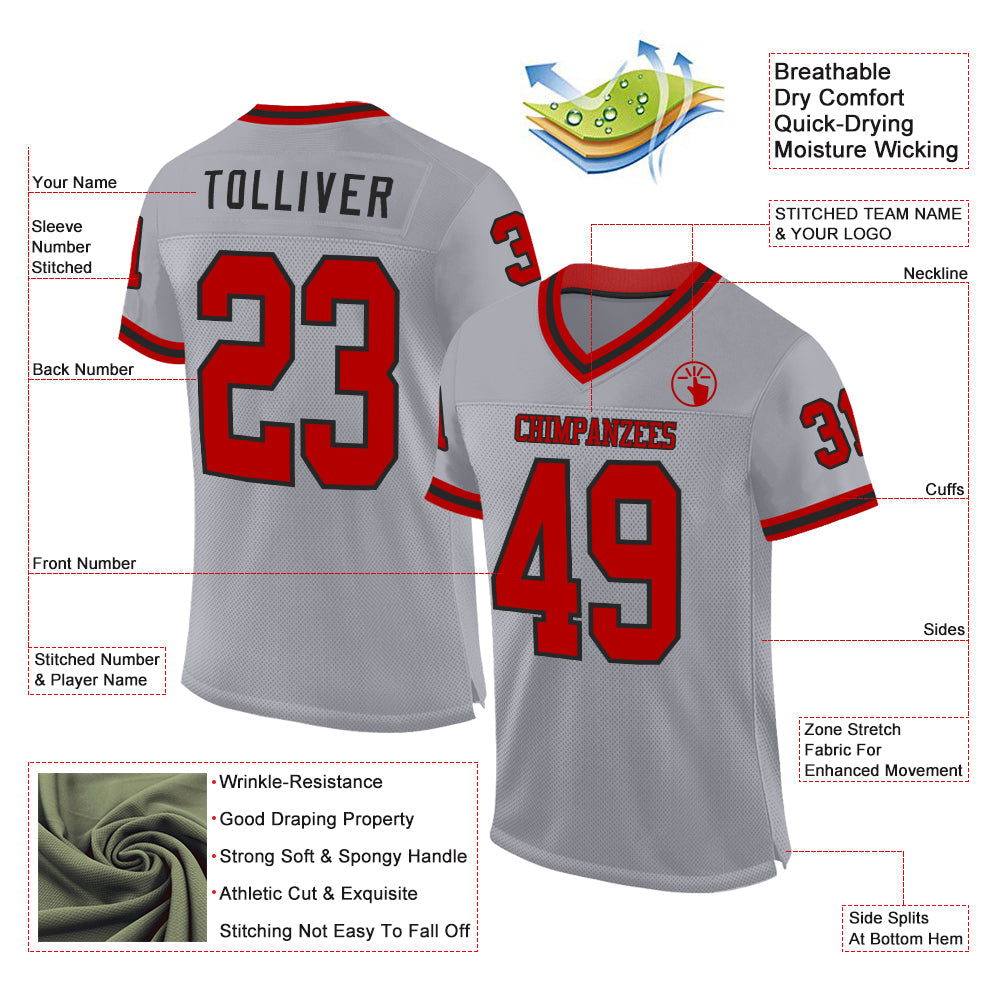 Custom Gray Red-Black Mesh Authentic Throwback Football Jersey view 2