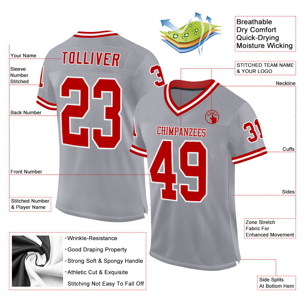 Custom Gray Red-White Mesh Authentic Throwback Football Jersey view 2
