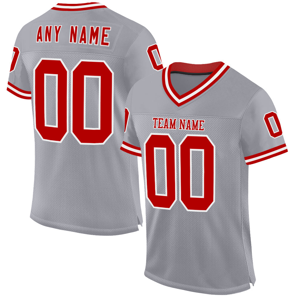 Custom Gray Red-White Mesh Authentic Throwback Football Jersey - Main View