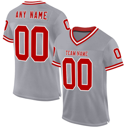 Custom Gray Red-White Mesh Authentic Throwback Football Jersey - Main View