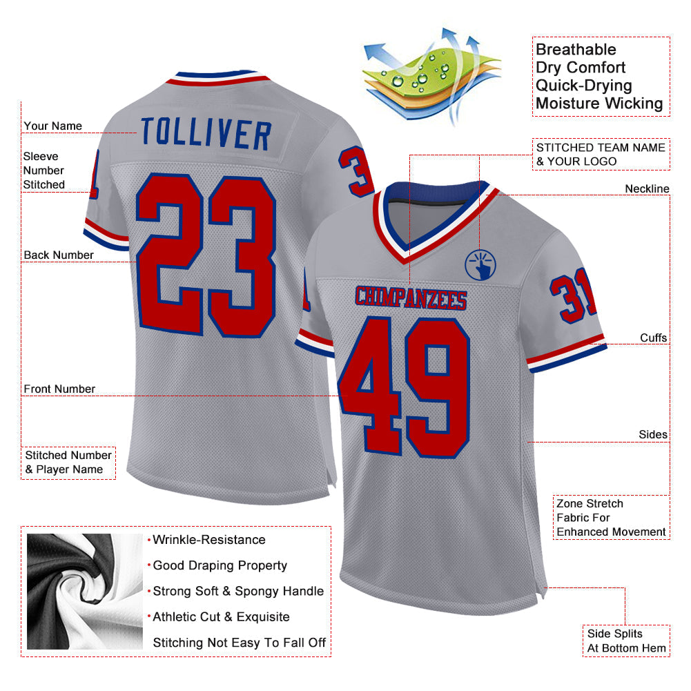 Custom Gray Red-Royal Mesh Authentic Throwback Football Jersey view 2