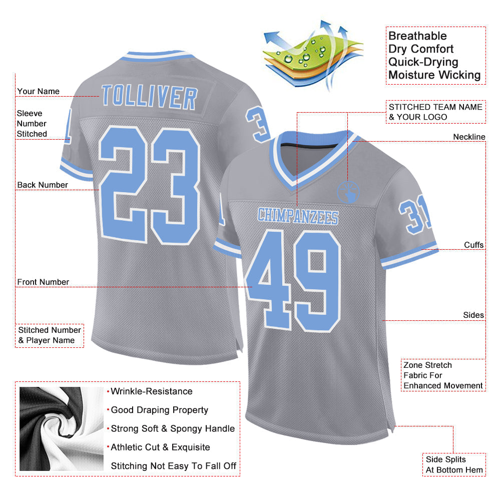 Custom Gray Light Blue-White Mesh Authentic Throwback Football Jersey view 2