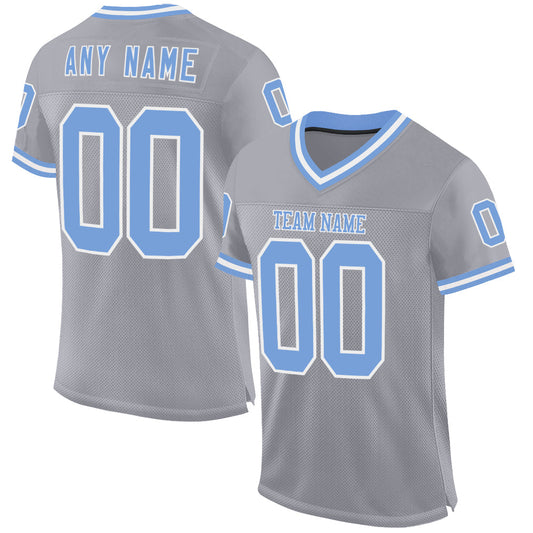 Custom Gray Light Blue-White Mesh Authentic Throwback Football Jersey - Main View