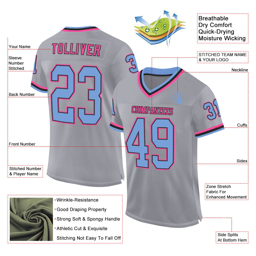 Custom Gray Light Blue Black-Pink Mesh Authentic Throwback Football Jersey view 2