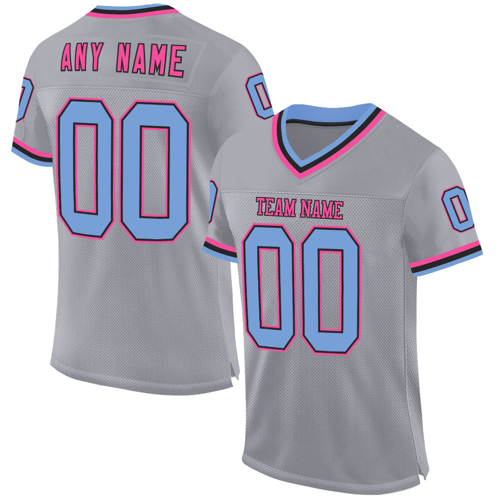 Custom Gray Light Blue Black-Pink Mesh Authentic Throwback Football Jersey - Main View