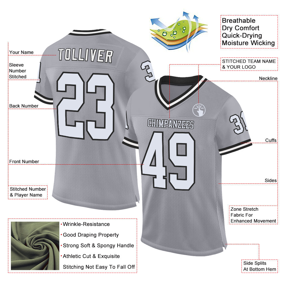 Custom Gray White-Black Mesh Authentic Throwback Football Jersey view 2