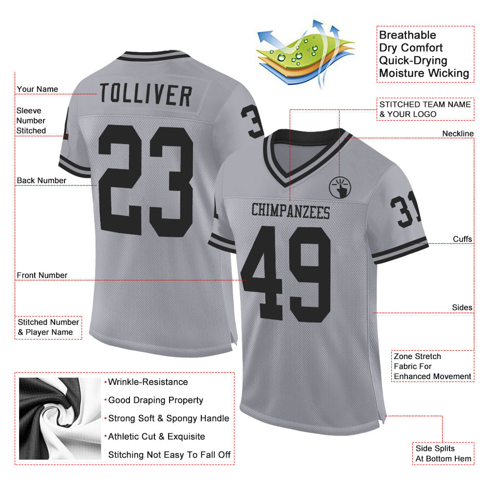 Custom Gray Black Mesh Authentic Throwback Football Jersey view 2