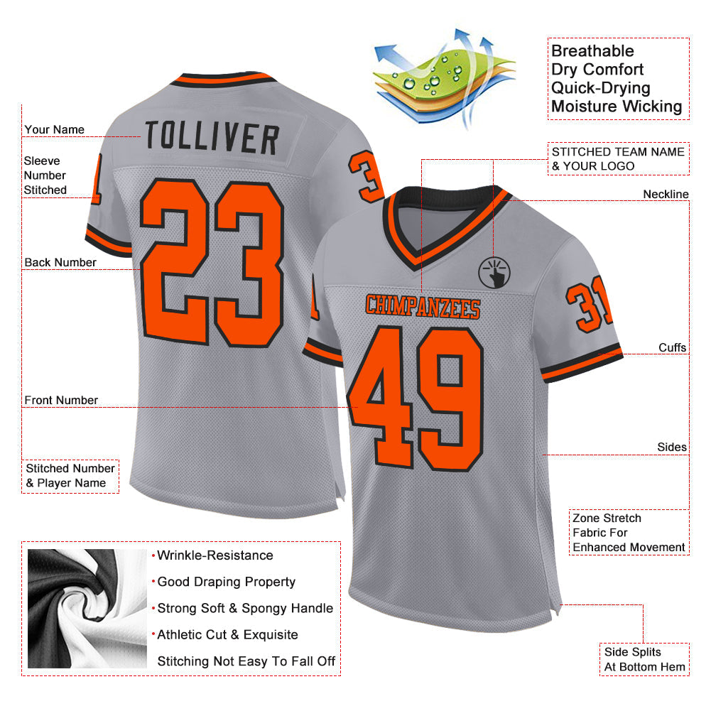Custom Gray Orange-Black Mesh Authentic Throwback Football Jersey view 2