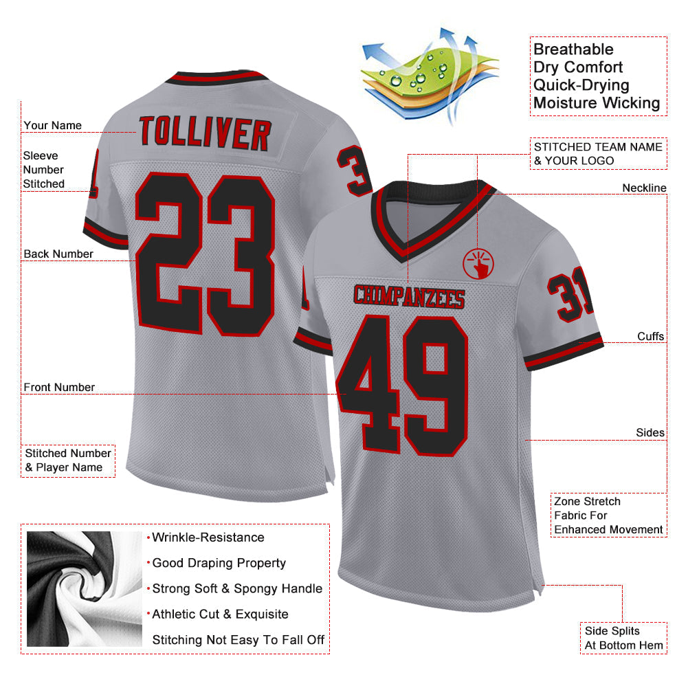Custom Gray Black-Red Mesh Authentic Throwback Football Jersey view 2