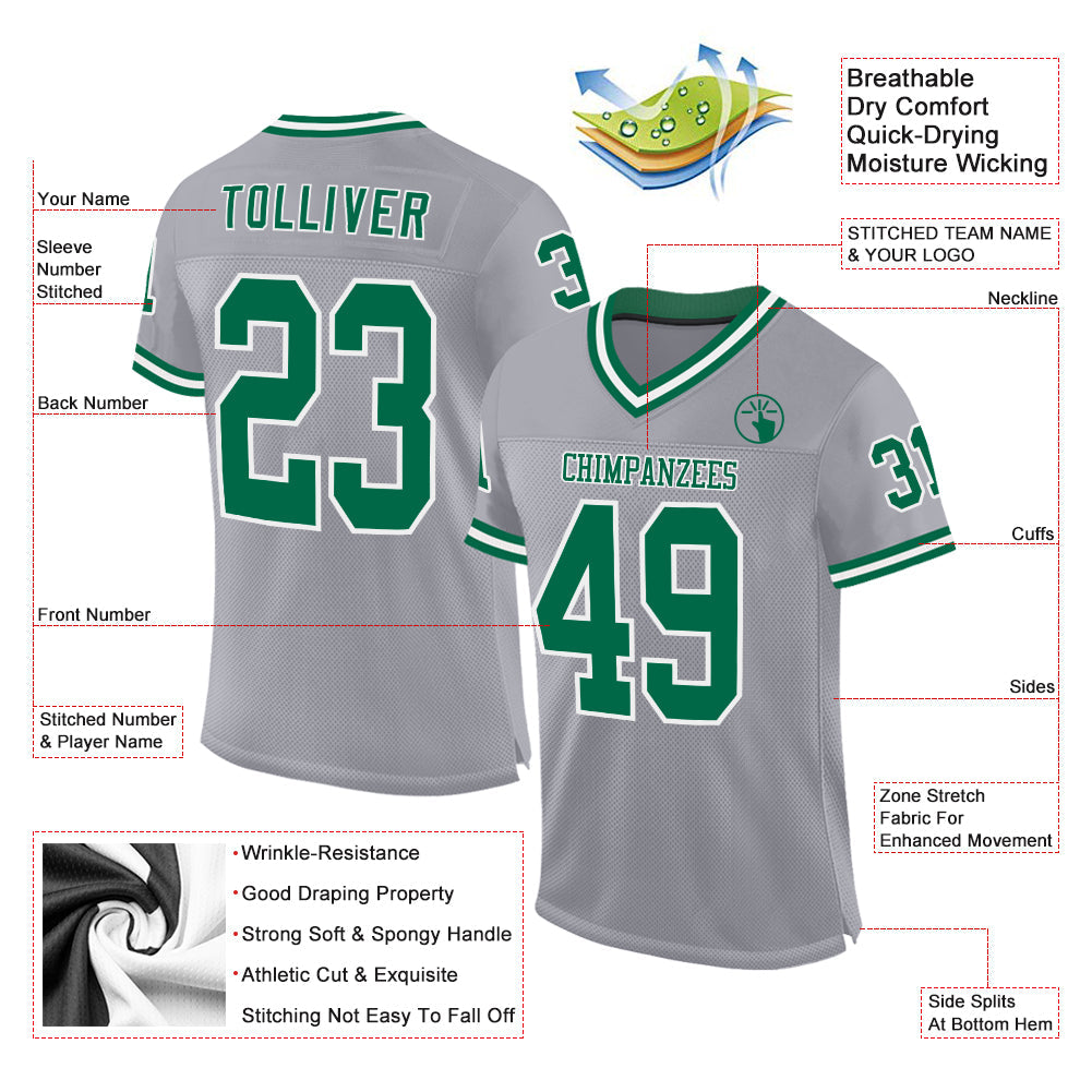 Custom Gray Kelly Green-White Mesh Authentic Throwback Football Jersey view 2
