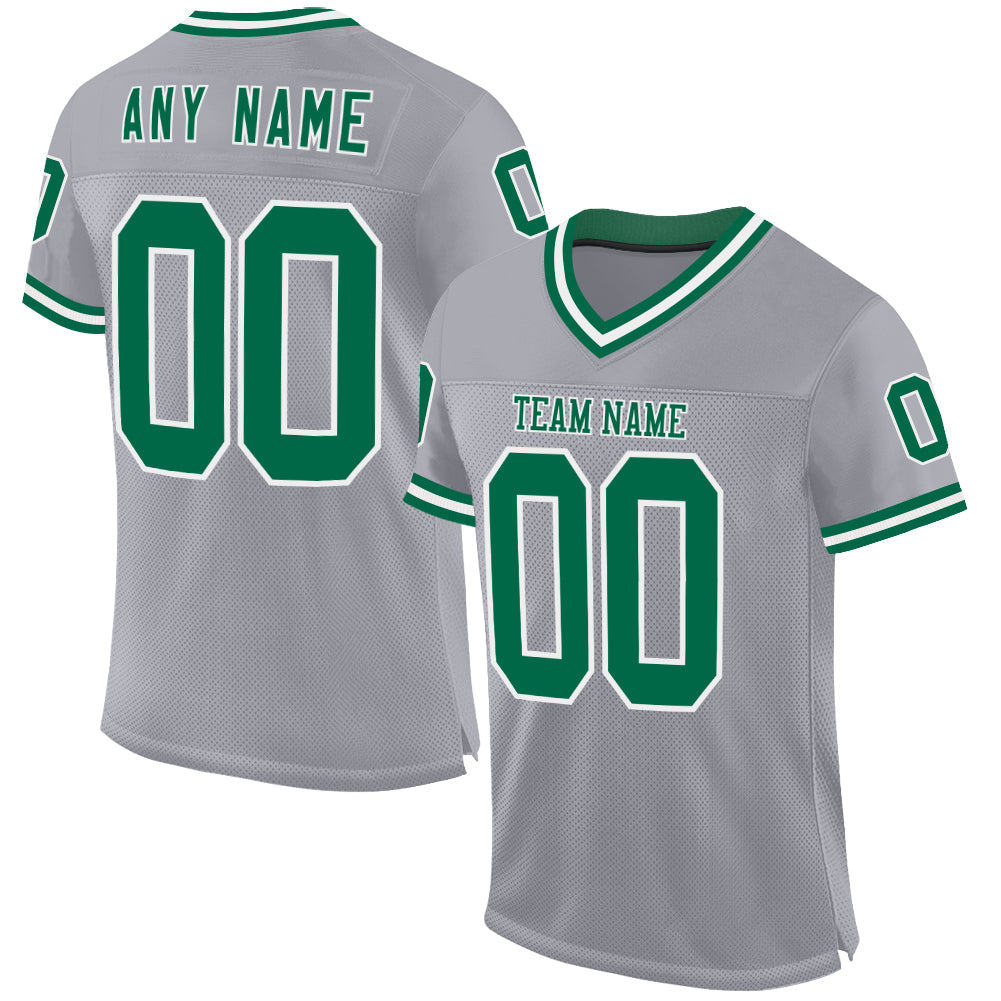 Custom Gray Kelly Green-White Mesh Authentic Throwback Football Jersey - Main View