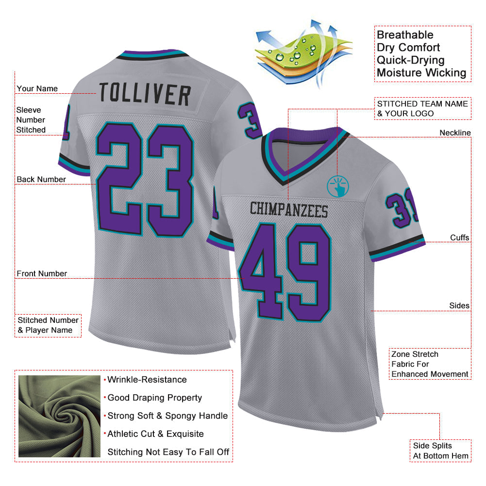 Custom Gray Purple Black-Teal Mesh Authentic Throwback Football Jersey view 2