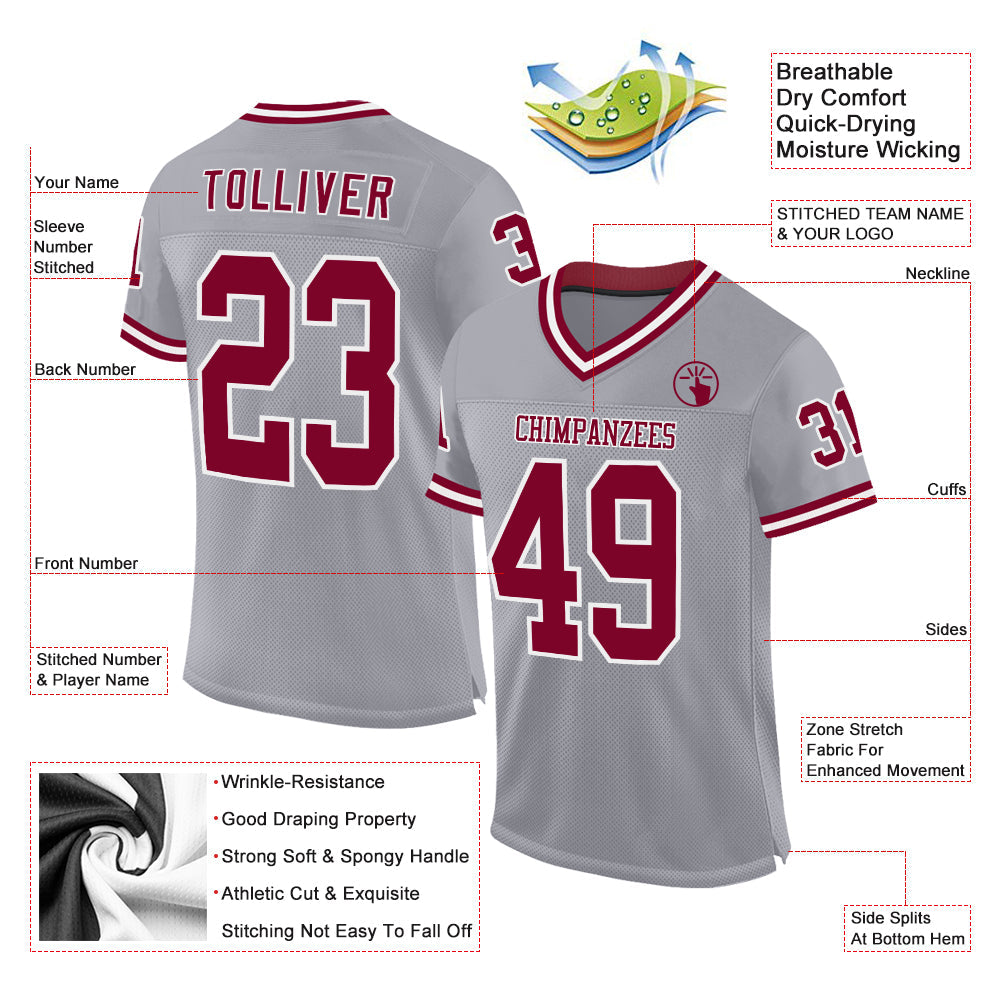 Custom Gray Maroon-White Mesh Authentic Throwback Football Jersey view 2