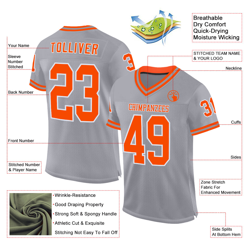 Custom Gray Orange-White Mesh Authentic Throwback Football Jersey view 2