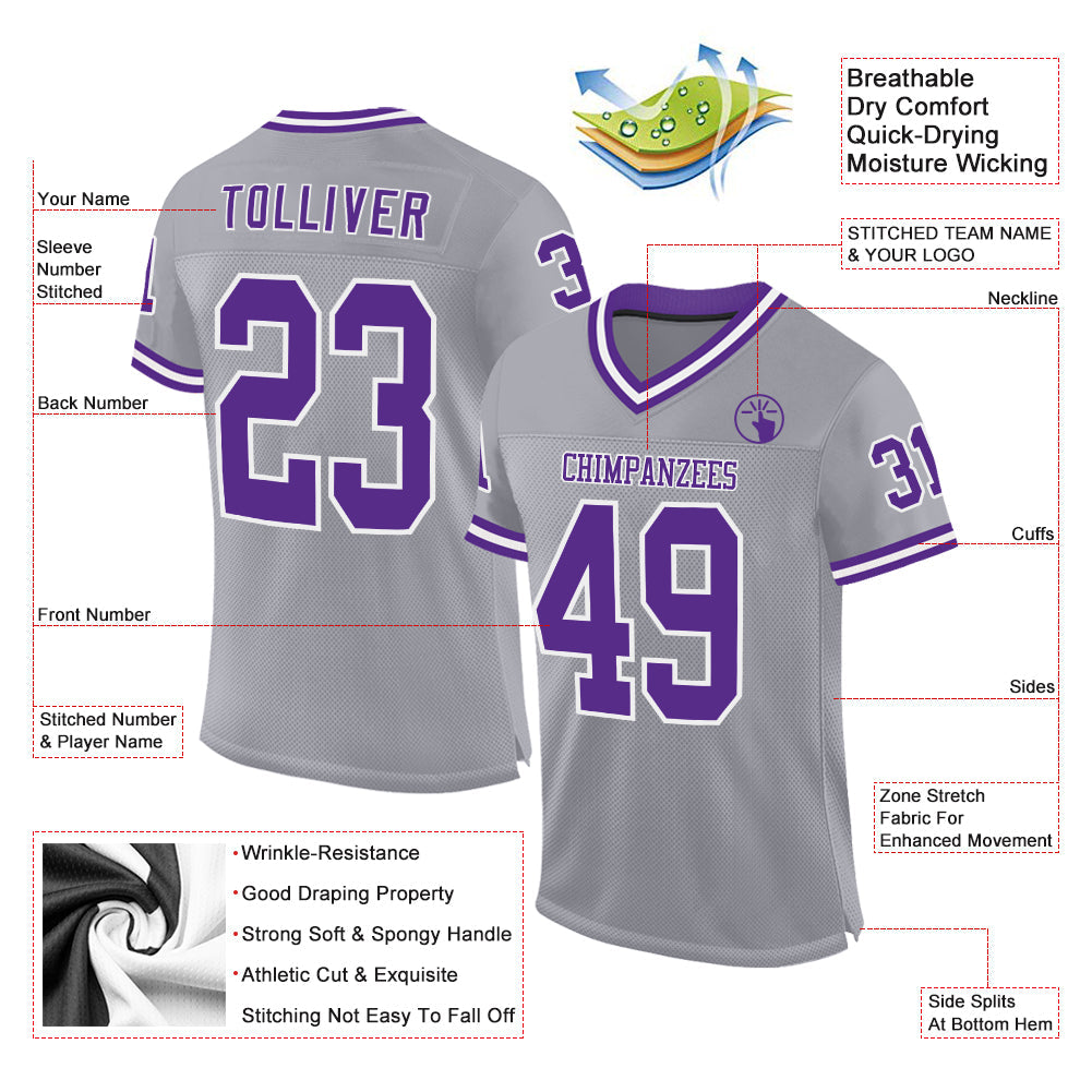 Custom Gray Purple-White Mesh Authentic Throwback Football Jersey view 2