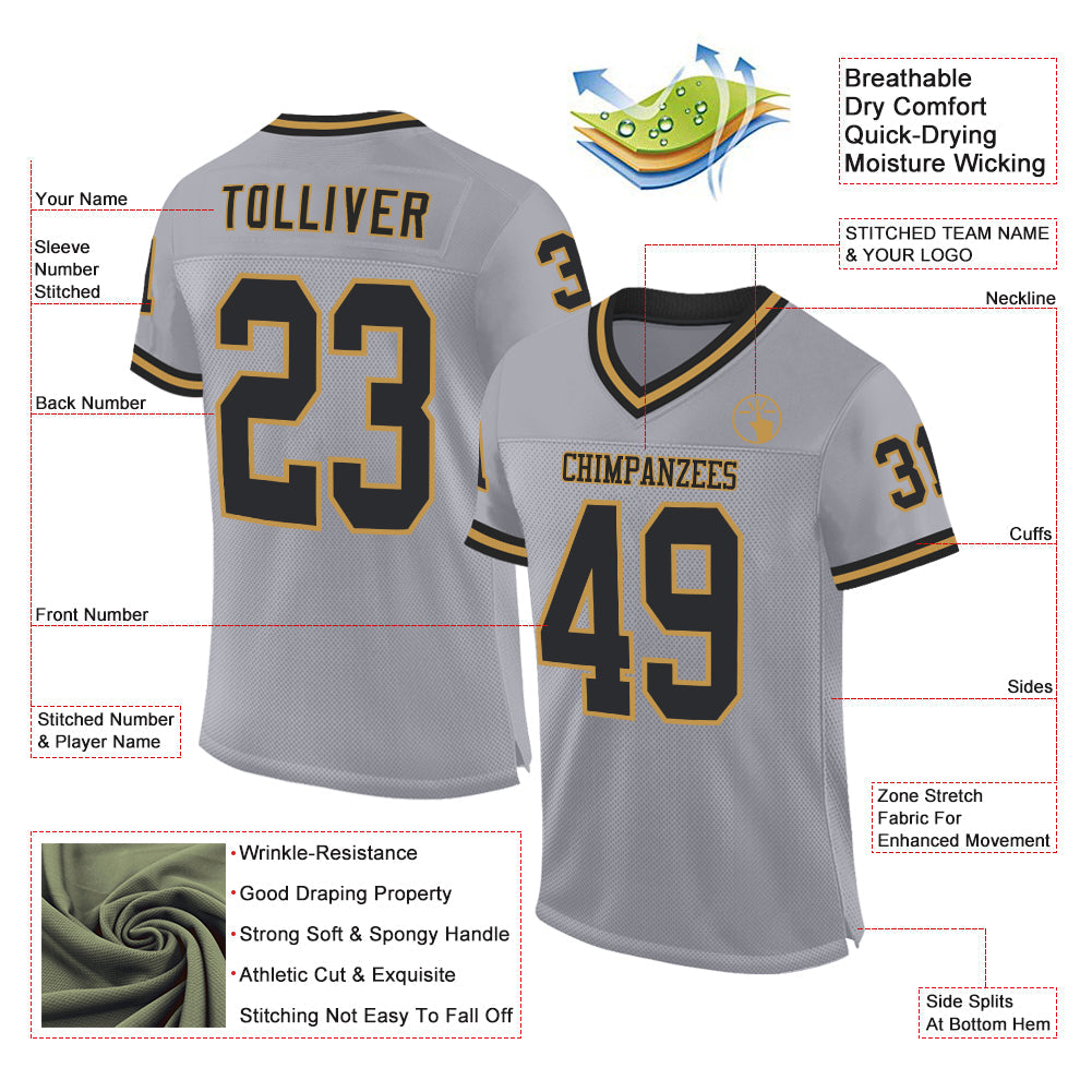Custom Gray Black-Old Gold Mesh Authentic Throwback Football Jersey view 2