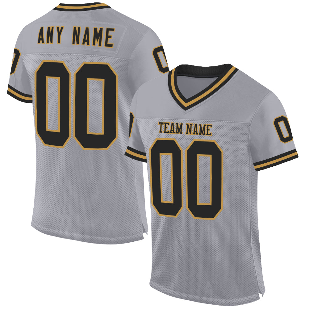 Custom Gray Black-Old Gold Mesh Authentic Throwback Football Jersey - Main View
