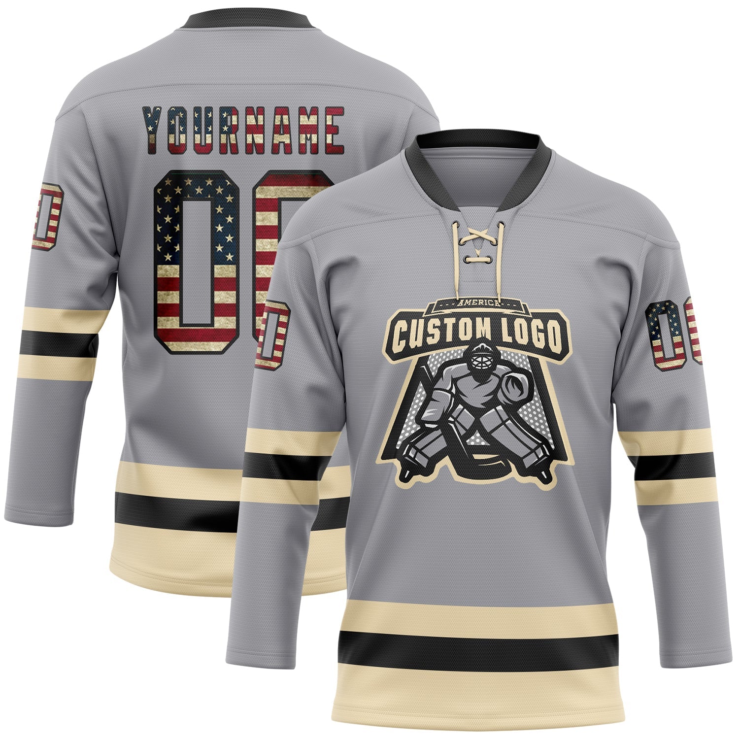 Custom Gray Vintage USA Flag Black-Cream Hockey Lace Neck Jersey view 2