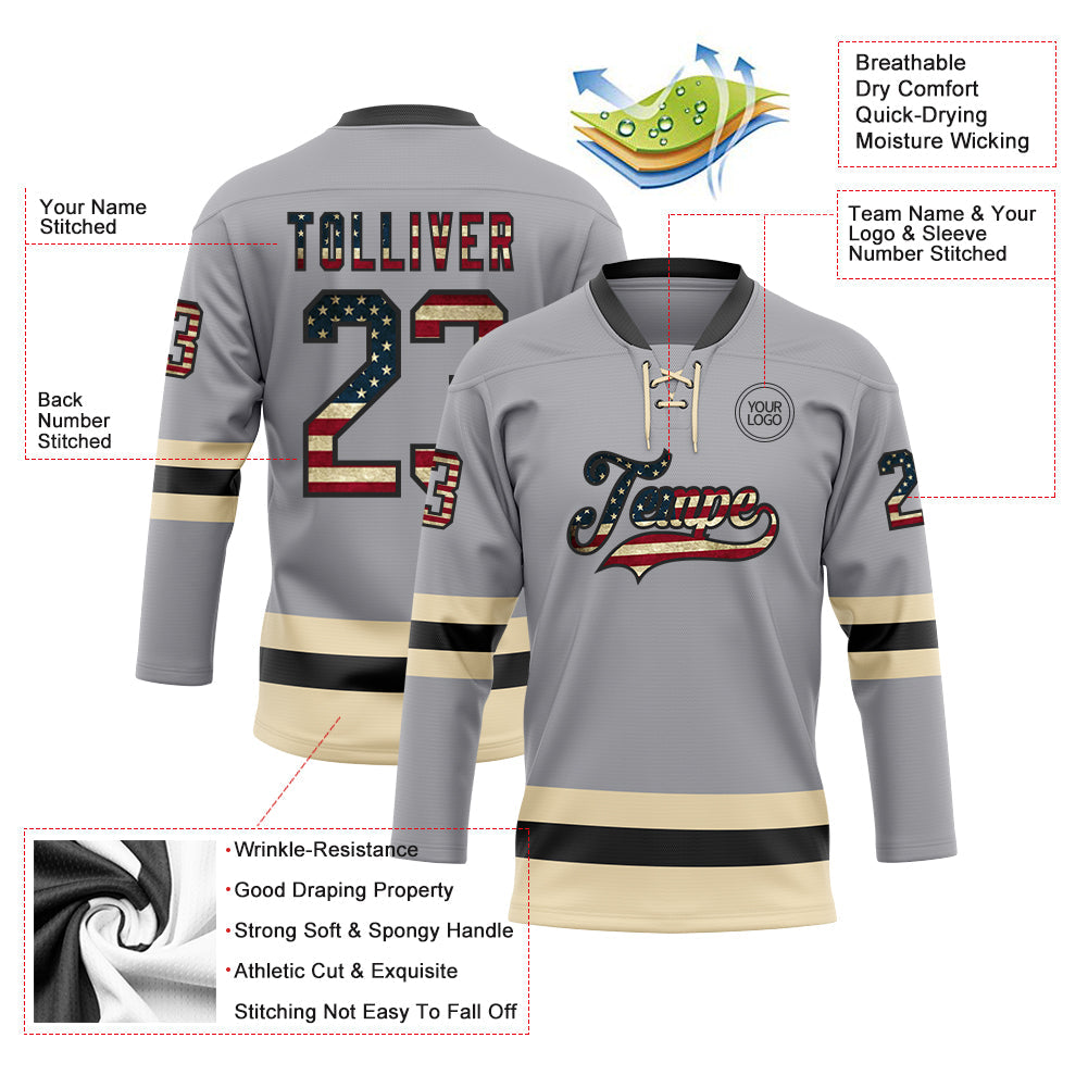 Custom Gray Vintage USA Flag Black-Cream Hockey Lace Neck Jersey view 3