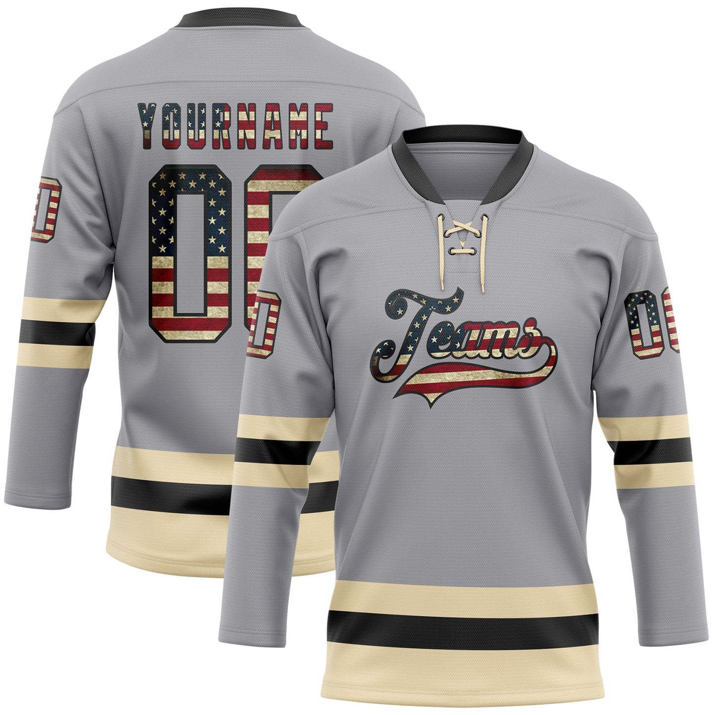 Custom Gray Vintage USA Flag Black-Cream Hockey Lace Neck Jersey - Main View