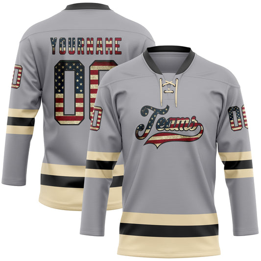 Custom Gray Vintage USA Flag Black-Cream Hockey Lace Neck Jersey - Main View