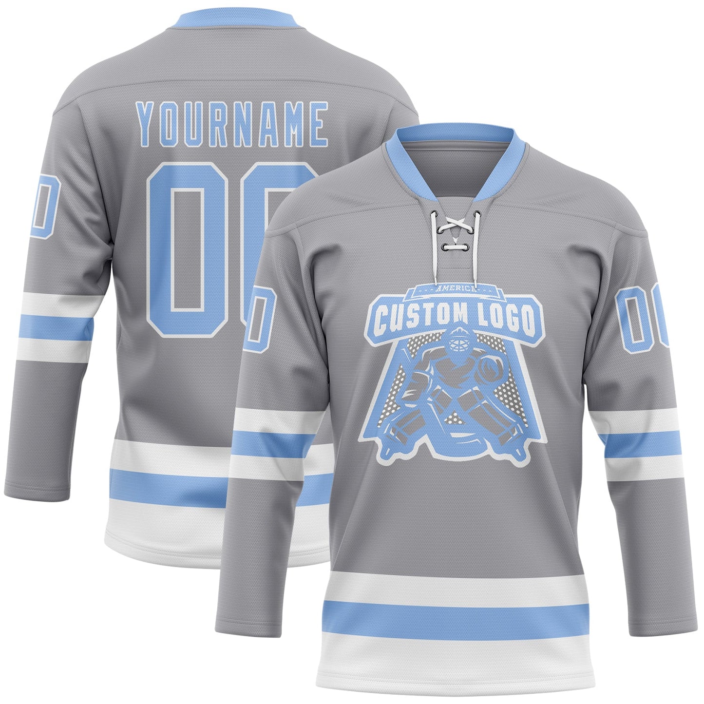 Custom Gray Light Blue-White Hockey Lace Neck Jersey view 2
