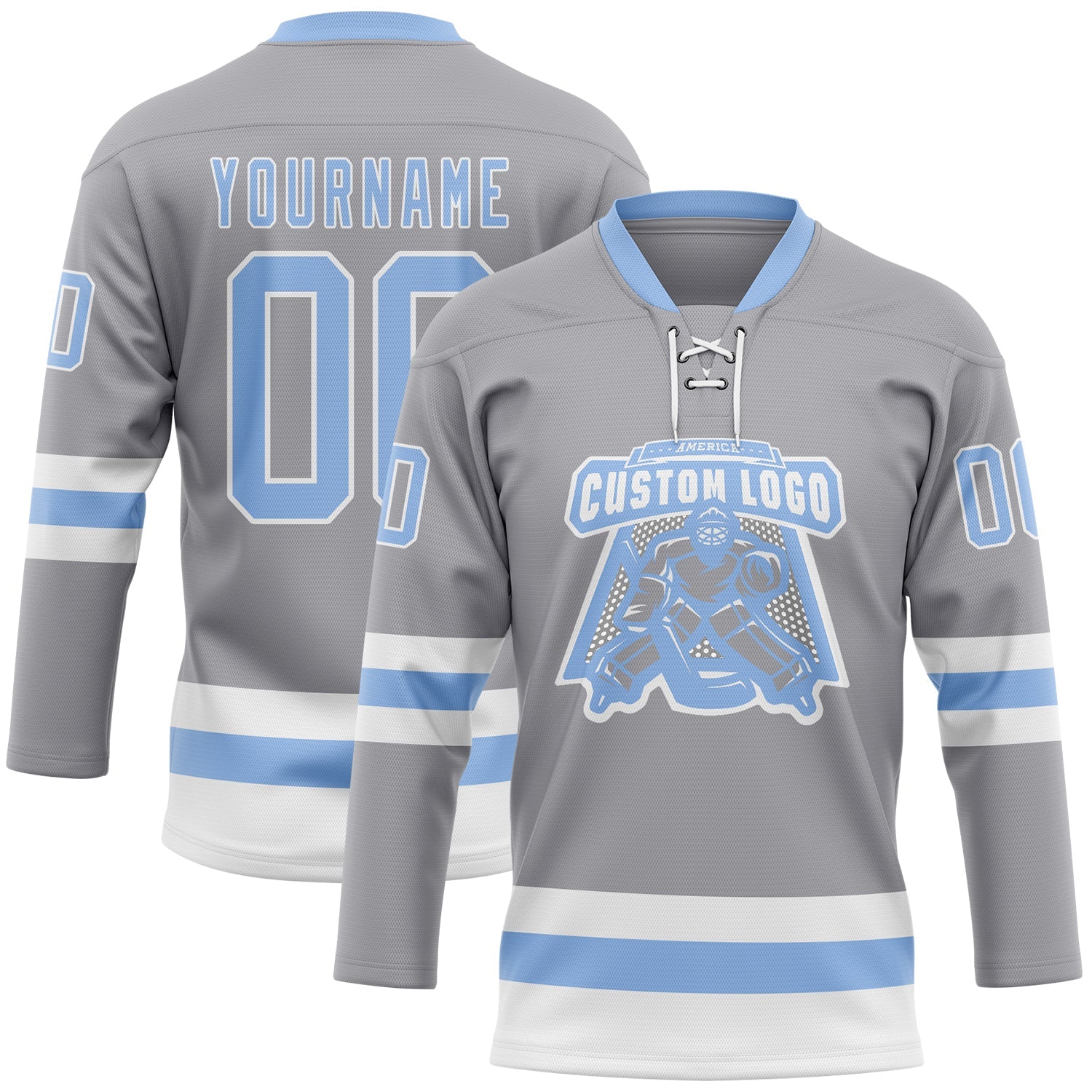 Custom Gray Light Blue-White Hockey Lace Neck Jersey view 2