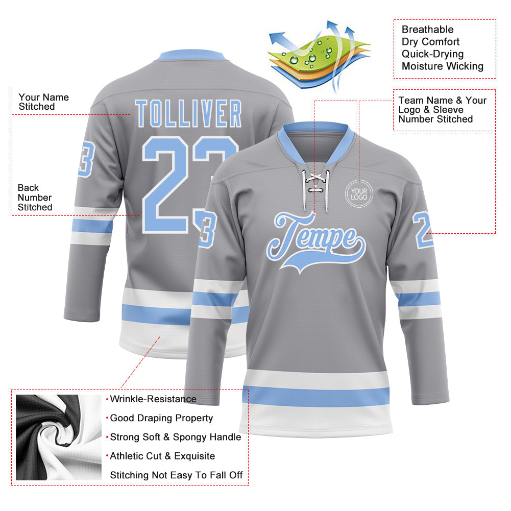 Custom Gray Light Blue-White Hockey Lace Neck Jersey view 3