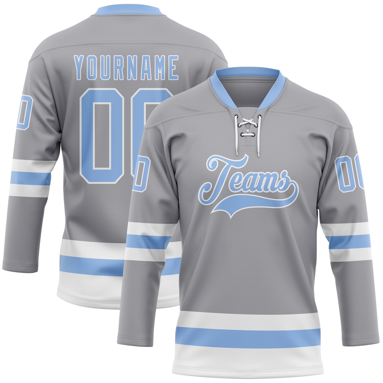 Custom Gray Light Blue-White Hockey Lace Neck Jersey - Main View
