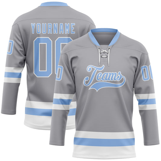 Custom Gray Light Blue-White Hockey Lace Neck Jersey - Main View