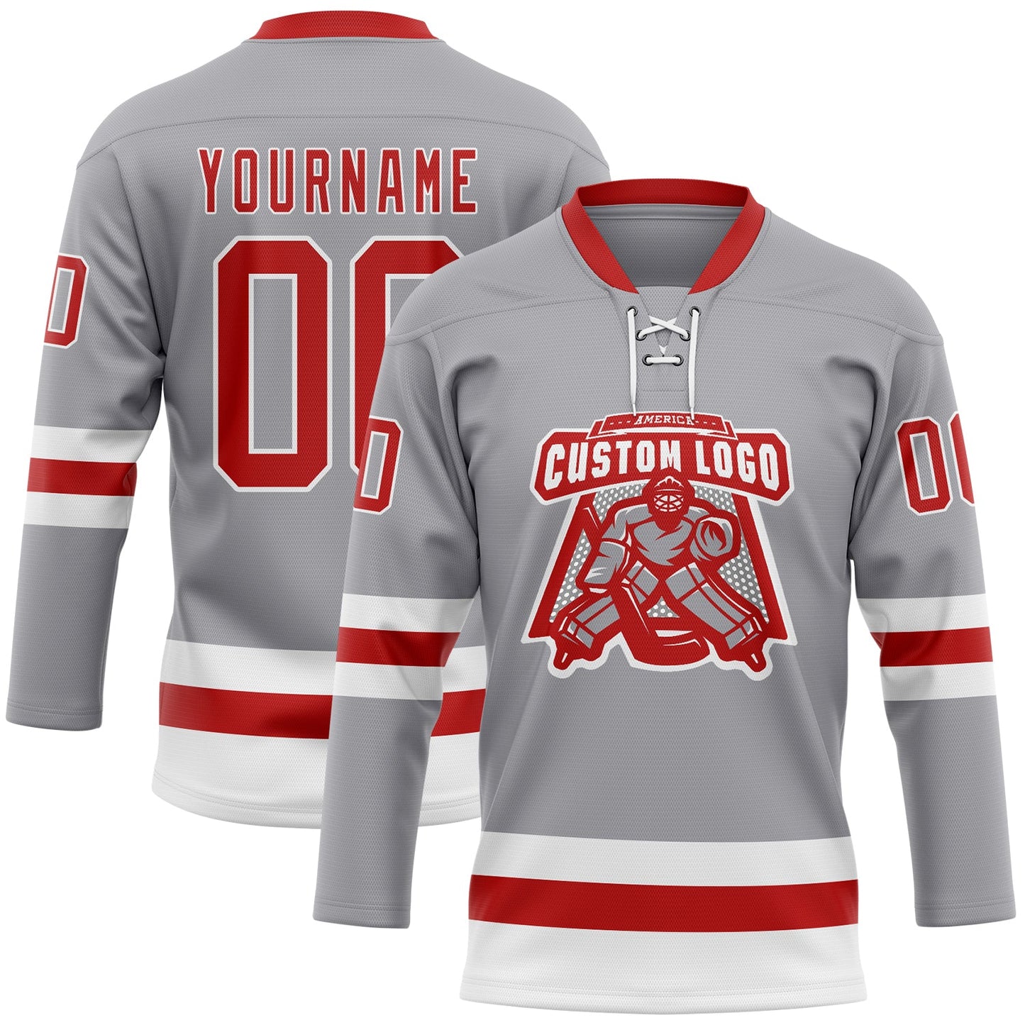 Custom Gray Red-White Hockey Lace Neck Jersey view 2