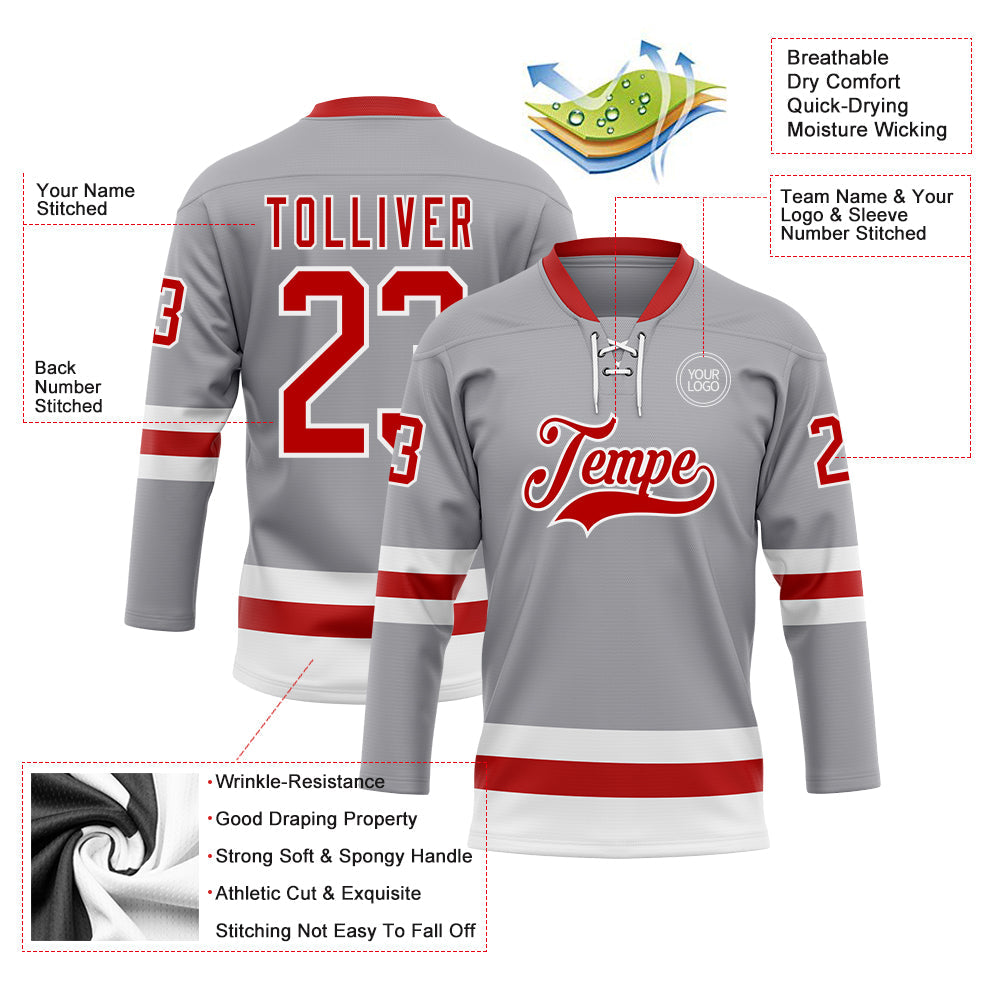 Custom Gray Red-White Hockey Lace Neck Jersey view 3