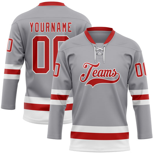 Custom Gray Red-White Hockey Lace Neck Jersey - Main View