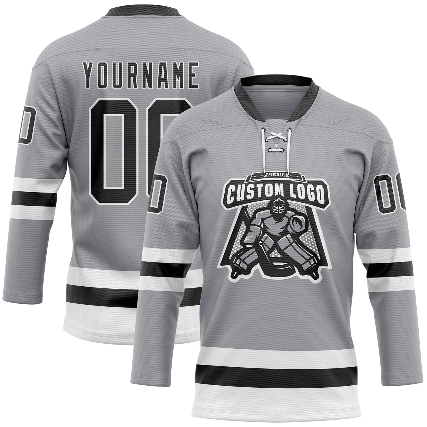 Custom Gray Black-White Hockey Lace Neck Jersey view 2