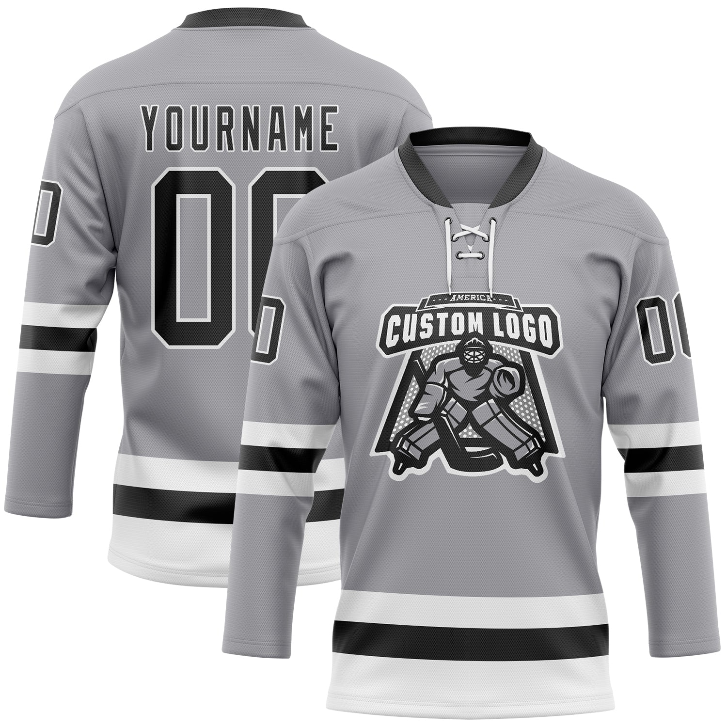 Custom Gray Black-White Hockey Lace Neck Jersey view 2
