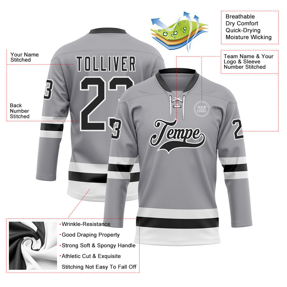 Custom Gray Black-White Hockey Lace Neck Jersey view 3