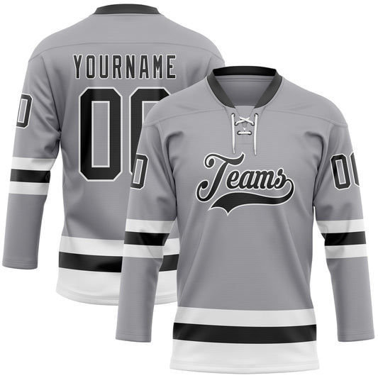 Custom Gray Black-White Hockey Lace Neck Jersey - Main View